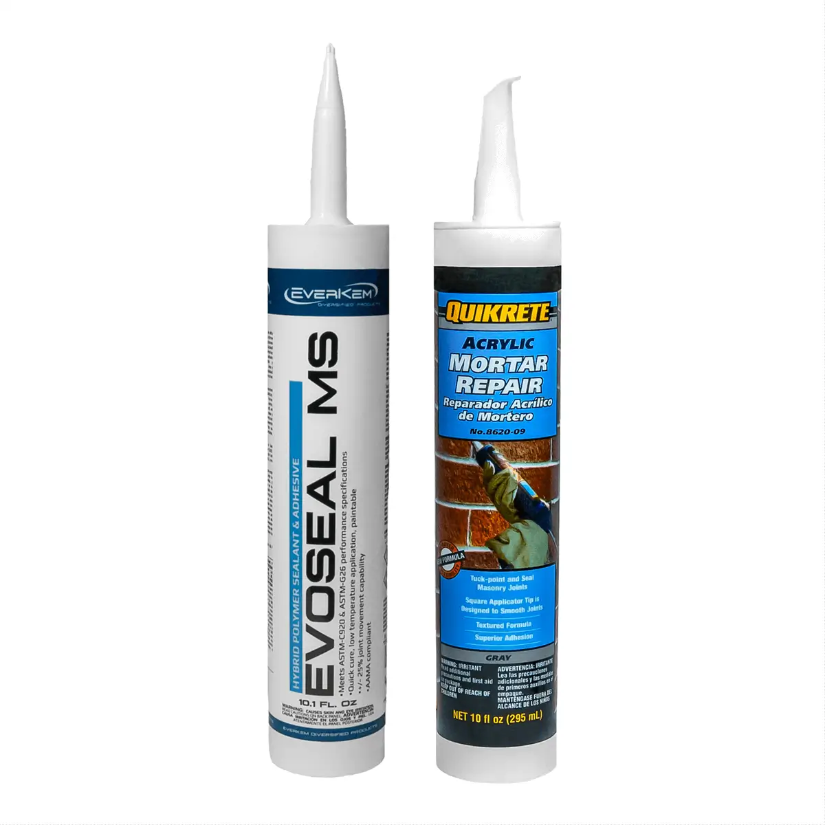 Two tubes of Evoseal MS adhesive and sealant with pointed nozzles.
